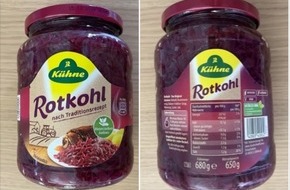 Carl Kühne KG: Produktrückruf Kühne Rotkohl nach Traditionsrezept 720 ml im Glas: Gefahr durch Fremdkörper im Produkt