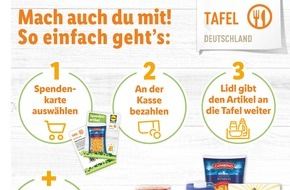 Lidl: Zweite digitale "Kauf-1-mehr"-Aktion bei Lidl für die Tafeln / Dringend benötigte Produkte in Form von Spendenkarten kaufen und einfach an der Kasse spenden