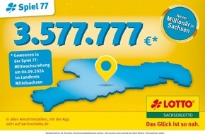 Sächsische Lotto-GmbH: Glücksrausch in Sachsen: Wieder ein Millionengewinn in Sachsen  - 3,5 Millionen Euro bei Spiel 77 gewonnen