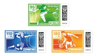 DHL Group: PM: Neue Sonderbriefmarken würdigen Deutschlands populärste Mannschaftssportarten Fußball, Handball und Basketball