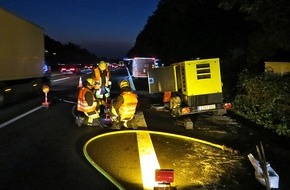 Feuerwehr Essen: FW-E: Brennt Reifen eines einachsigen, fahrbaren Notstromgenerators, Diesel läuft aus