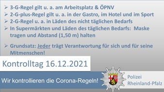 Polizeipräsidium Trier: POL-PPTR: Weiterer landesweiter Corona-Kontrolltag in Rheinland-Pfalz