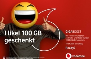 Vodafone GmbH: GigaBoost, die Zweite: Vodafone schenkt Kunden 100 GB Datenvolumen