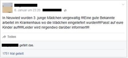 Polizeipräsidium Koblenz: POL-PPKO: Facebook-Eintrag über angebliche Vergewaltigungen in Neuwied