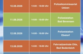 Polizeiinspektion L&uuml;neburg/L&uuml;chow-Dannenberg/Uelzen: POL-LG: ++ Fahrr&auml;der & Pedelecs vor Diebstahl sch&uuml;tzen: Codier-Woche im Landkreis Uelzen ++ M&ouml;glichkeiten vom 10. bis 14.08.26 an verschiedenen &Ouml;rtlichkeiten im LK Uelzen ++ "Kommen Sie ...