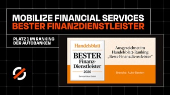 Mobilize Financial Services, eine Marke der RCI Banque S.A. Niederlassung Deutschland: Mobilize Financial Services erreicht bei Handelsblatt-Studie Platz 1 unter den Autobanken
