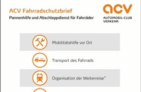 ACV Automobil-Club Verkehr: Fahrradpanne: ACV bietet umfassenden Mobilitätsschutz - Automobil-Club Verkehr führt einen kostenlosen Fahrradschutzbrief ein (FOTO)