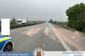 Polizeidirektion Neustadt/Weinstraße: POL-PDNW: Polizeiautobahnstation Ruchheim - Sattelzug verliert Teewurst auf der A61. Autobahn muss gereinigt werden.