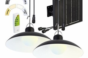 PEARL GmbH: Lunartec Solar-LED-Doppel-Hängelampe, 2x 105 lm, Akku, Timer, warmweiß / weiß: Licht für Terrasse, Balkon und Garten ohne separaten Stromanschluss
