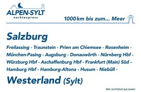 Blauer AUTOZUG Sylt: Neuer ALPEN-SYLT Nachtexpress verbindet Alpen und Küste / 4x pro Woche stau- und stressfrei über Nacht im eigenen Liegewagenabteil von Salzburg nach Sylt und zurück / Tickets ab 399 EUR/Abteil