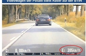 Polizeiinspektion Neubrandenburg: POL-NB: Videowagen der Polizei stellt Raser auf der B 194  -Fahrer muss mit 1390EUR Bußgeld, 4 Monaten Fahrverbot und 4 Punkten rechnen