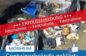 Polizei Mettmann: POL-ME: Containerbrände in Monheim: Festnahmeerfolg für die Polizei - Monheim am Rhein - 2003175