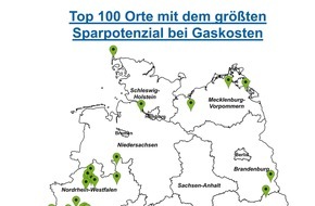 CHECK24 GmbH: Gasanbieterwechsel: die 100 deutschen Städte mit dem größten Sparpotenzial