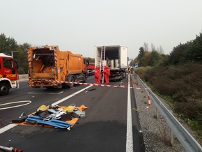 FW-Erkrath: Schwerer Verkehrsunfall auf der BAB 3 - Feuerwehr befreit eingeklemmten LKW-Fahrer