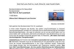 Prof. Dr. med. Frank Bahr: Offener Brief: Prof. Dr. Frank Bahr aus München widerspricht Bundesgesundheitsminister Prof. Karl Lauterbach. Lasermedizin von BMG-Expertenteam noch nicht berücksichtigt
