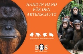 BOS Deutschland e. V.: Hand in Hand für den Artenschutz / Gemeinsame Veranstaltungsreihe von Borneo Orangutan Survival Deutschland e.V. und dem Jane Goodall-Institut Deutschland am 21., 23. und 25. Juni 2021