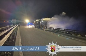 Polizeidirektion Neustadt/Weinstraße: POL-PDNW: Polizeiautobahnstation Ruchheim - Brand eines LKW auf der A6