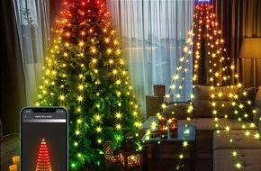 PEARL GmbH: Festliche Magie im Handumdrehen: Lunartec Smarter LED-Tannenbaumüberwurf, 1,8 m, 180 RGB-IC-LEDs, App