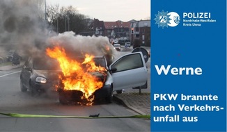 Kreispolizeibehörde Unna: POL-UN: Werne - Verkehrsunfall mit einer verletzten Person
- PKW geriet anschließend in Brand
