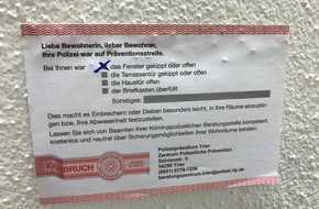 Polizeipräsidium Trier: POL-PPTR: Fenster gekippt, Garage offen, Fahrrad nicht abgeschlossen - Leichtes Spiel für Einbrecher und Diebe