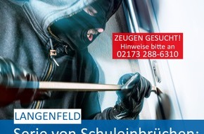 Polizei Mettmann: POL-ME: Serie von Schuleinbrüchen: Täter schlugen erneut zu - Polizei bittet um Zeugenhinweise - Langenfeld - 2309054