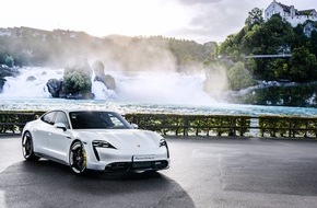 Porsche Schweiz AG: Les plus grandes chutes d'eau d'Europe et le nouveau Taycan Turbo S - première Porsche à motorisation 100 % électrique.