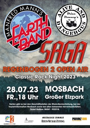 Die REGENBOGEN 2  Open Air Classic Rock Night 2023 mit Manfred Mann&#039; s Earthband, Saga und Brian Downey Alive and Dangerous in Mosbach