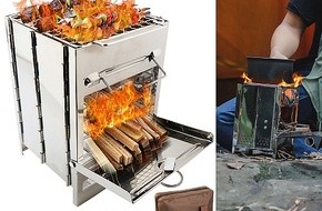 PEARL GmbH: Kochen und Grillen ohne Strom und Gas: PEARL Camping-Holzofen aus Edelstahl, faltbar, inklusive Transporttasche