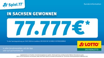 S&auml;chsische Lotto-GmbH: Erneuter Spiel-77-Gewinn: 77.777 Euro gehen in den Landkreis S&auml;chsische Schweiz-Osterzgebirge