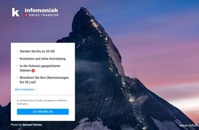 Infomaniak: Infomaniak: Dateien bis 20 GB einfach, sicher und schnell mit Swiss Transfer versenden / Swiss Transfer - Kostenlose Schweizer Filetransfer-Lösung bis 20 GB