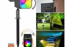 PEARL GmbH: Luminea Home Control Smarter Solar-Spot mit RGB-CCT-LED, 100 lm, 2.200-mAh-Akku, 1 Watt, IP65: Damit erstrahlt der Garten farbenfreudig - von Boden oder Wand aus