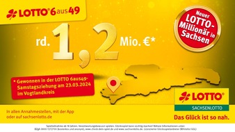 Sächsische Lotto-GmbH: Millionengewinn im Vogtland:  Lottosechser bringt 1.196.080 Euro