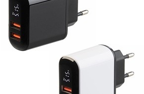 PEARL GmbH: Mobilgeräte besonders schnell und sicher aufladen: revolt 2-Port-USB-Netzteil mit 2x USB-A, Quick Charge und Display, 18 Watt, weiß/schwarz