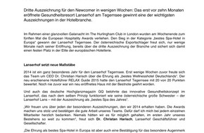 P8 GmbH: And the European Hospitality Award goes to...  Der Lanserhof Tegernsee ist das beste Spa-Hotel in Europa - ANHÄNGE
