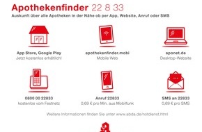 ABDA Bundesvgg. Dt. Apothekerverbände: Ostern in Corona-Zeiten: Apothekenfinder 22 8 33 hilft bei Suche nach dienstbereiter Apotheke vor Ort