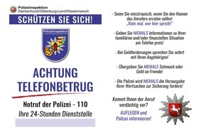 Polizeiinspektion Delmenhorst / Oldenburg - Land / Wesermarsch: POL-DEL: LK Wesermmarsch: Warnung vor falschen Polizeibeamten +++ Frau fällt auf Betrüger herein +++ Zeugenaufruf