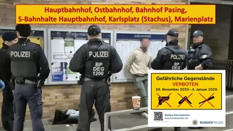 Bundespolizeidirektion München: Bundespolizeidirektion München: Mitführverbot von Waffen und gefährlichen Gegenständen ab 28. November in Münchner Bahnhöfen / Flaschen im Jutebeutel zerschellen am Treppengeländer / Angriffe gegen Beamte