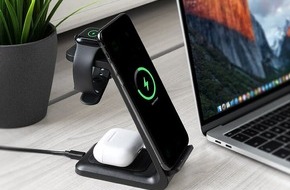 PEARL GmbH: Callstel 3in1-Ladestation 20 Watt für iPhone, Apple Watch und AirPods, schwarz und weiß: Qi-Smartphone, iPhone, AirPod und Apple Watch ganz bequem aufladen