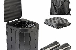 PEARL GmbH: Auch Outdoor und bei Notfällen nicht mehr auf den Toilettenkomfort verzichten: Semptec Urban Survival Technology Faltbare Campingtoilette CT-100 mit Deckel, 24 Beutel, bis 150 kg schwarz