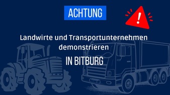 Polizeipräsidium Trier: POL-PPTR: Demonstration und Protestfahrt der Landwirte und Logistikunternehmen in der Stadt Bitburg