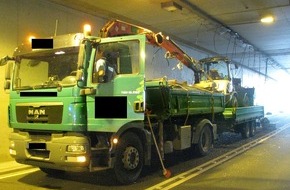 Polizeipräsidium Frankfurt am Main: POL-F: 160510 - 381 Frankfurt-Flughafen/Kelsterbach: Schwenkarm eines Radladers reißt Tunnelbeleuchtung ab