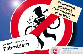 Polizeiinspektion Lüneburg/Lüchow-Dannenberg/Uelzen: POL-LG: ++ ... die letzten Codier-Termine für das Jahr 2022 in Lüneburg: Fahrräder vor Diebstahl schützen ++ Termine am 07.10. und 08.10.2022 ++ Hinweis: Vergabe für die Termine in ...