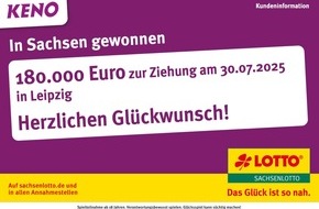 Sächsische Lotto-GmbH: 180.000 Euro mit KENO-Typ 8 in Leipzig gewonnen