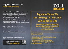 HZA-SW: Schmuggel, Schwarzarbeit und Steuern - Tag der offenen Tür des Hauptzollamts Schweinfurt am Samstag, den 26. Juli 2025