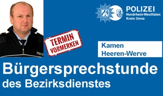 Kreispolizeibehörde Unna: POL-UN: Kamen - Bürgersprechstunde des Bezirksdienstes der Polizei in Heeren-Werve - Bezirksbeamter Fritz Spur bietet am 12.02.2020 Informationen und Hilfe an