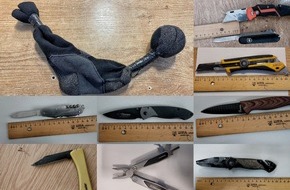 Bundespolizeiinspektion Kiel: BPOL-KI: Bundespolizei - Viele Messer und einen verbotenen Totschl&auml;ger bei Kontrollen auf den Bahnh&ouml;fen Kiel und L&uuml;beck festgestellt.