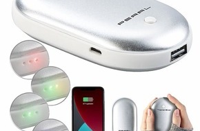 PEARL GmbH: Lädt Mobilgeräte und wärmt kalte Hände: PEARL 2in1-Powerbank PB-280 mit Handwärmer, 4.000 mAh, 3 Temperaturstufen, silber