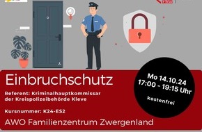 Kreispolizeibehörde Kleve: POL-KLE: Rheurdt - Kostenfreies Vortragsangebot: Kreispolizeibehörde Kleve informiert mit AWO Familienbildungswerk zum Thema "Einbruchschutz"