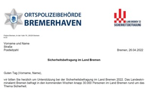 Polizei Bremerhaven: POL-Bremerhaven: Sicherheitsbefragung: Erste Schreiben versendet - Telefonnummer für Rückfragen beachten