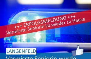 Polizei Mettmann: POL-ME: Erfolgreiche Suche: Vermisste Seniorin wohlbehalten angetroffen - Langenfeld - 2209119